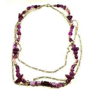 Multi-Strand Purple Beaded Necklace Adjustable Faux Stone Statement Jewelry